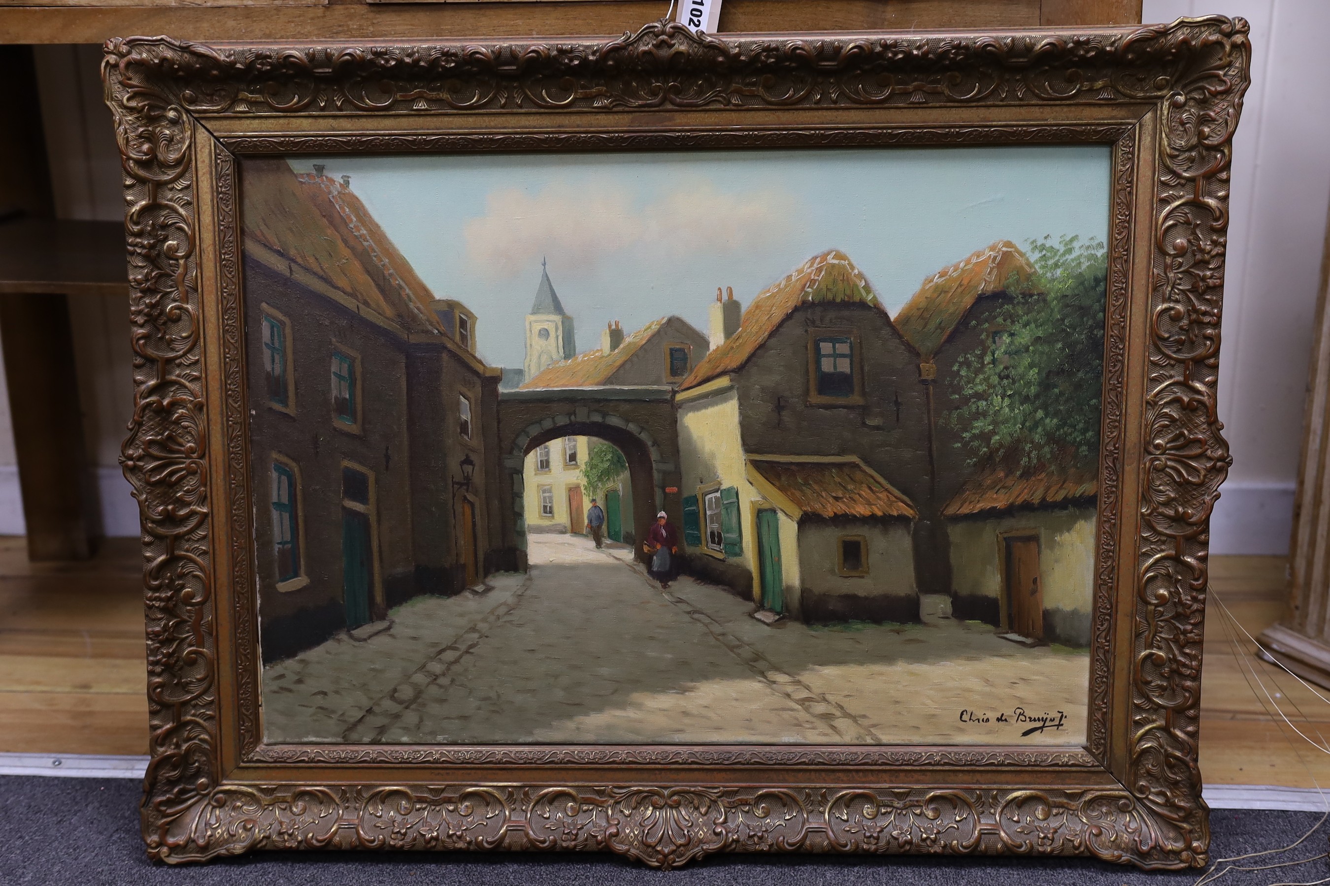 Chris de Bruyn Jnr, oil on canvas, Belgian street scene, signed, 50 x 68cm